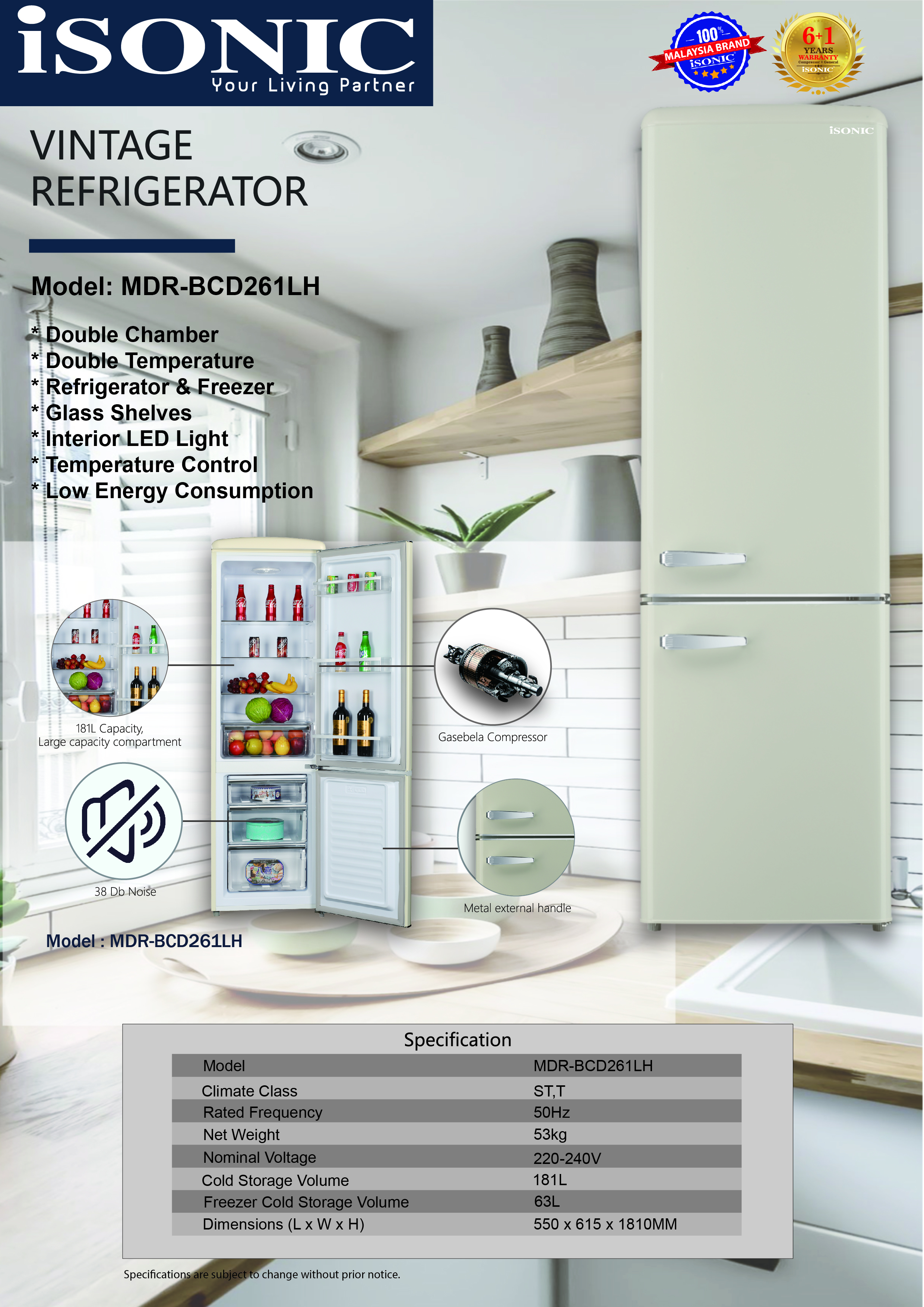 Isonic Isonic Refrigerator Freezer Isonic Double Door Vintage Refrigerator Creamy White Mdr Bcd261lh