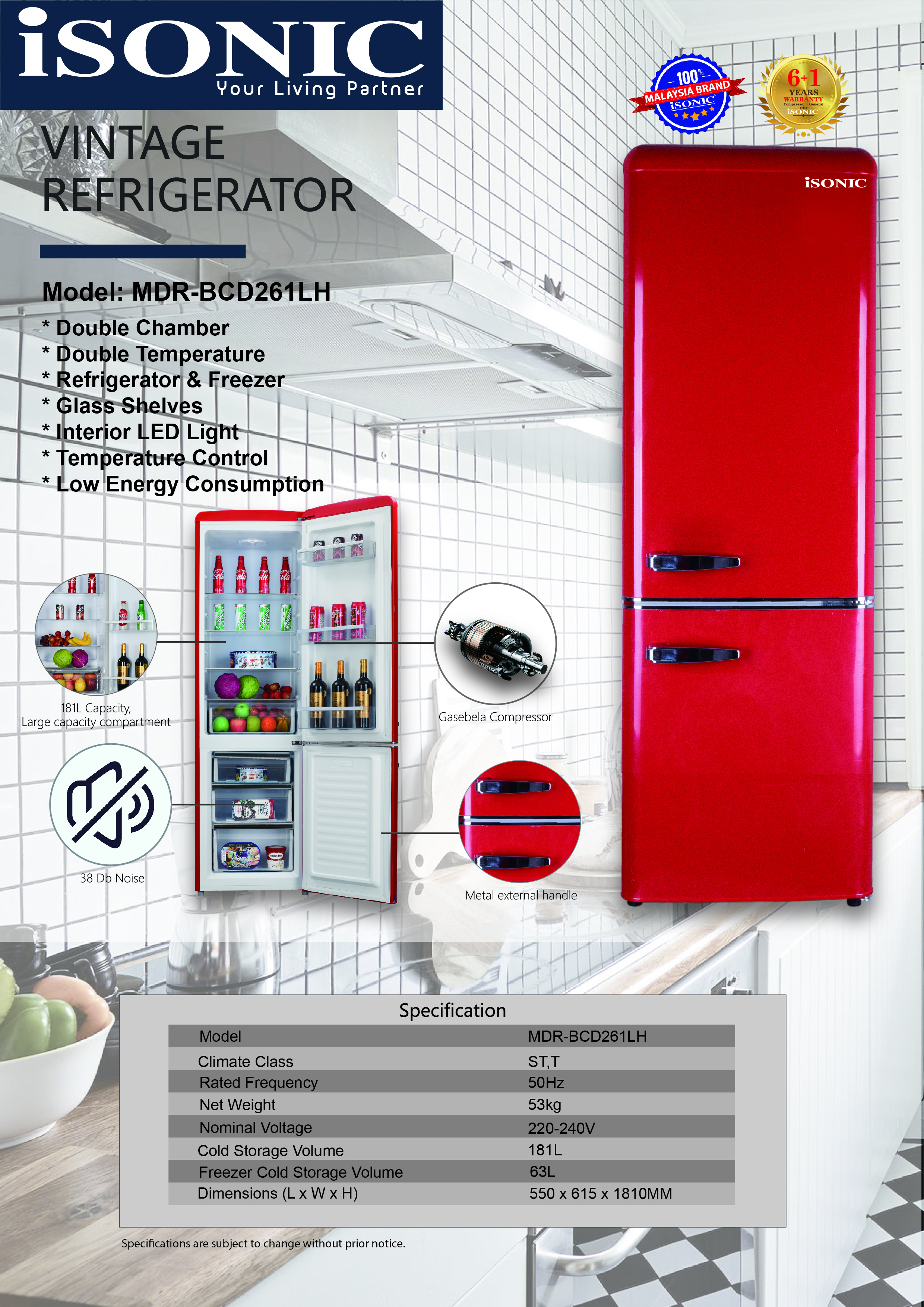 Isonic Isonic Refrigerator Freezer Isonic Double Door Vintage Refrigerator Red Mdr Bcd261lh